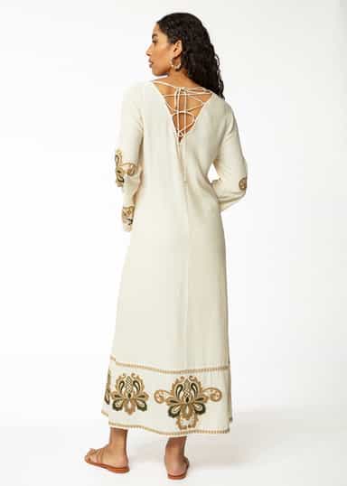 AZIZA Lang kjole med broderi - Beige 3 - Indiska