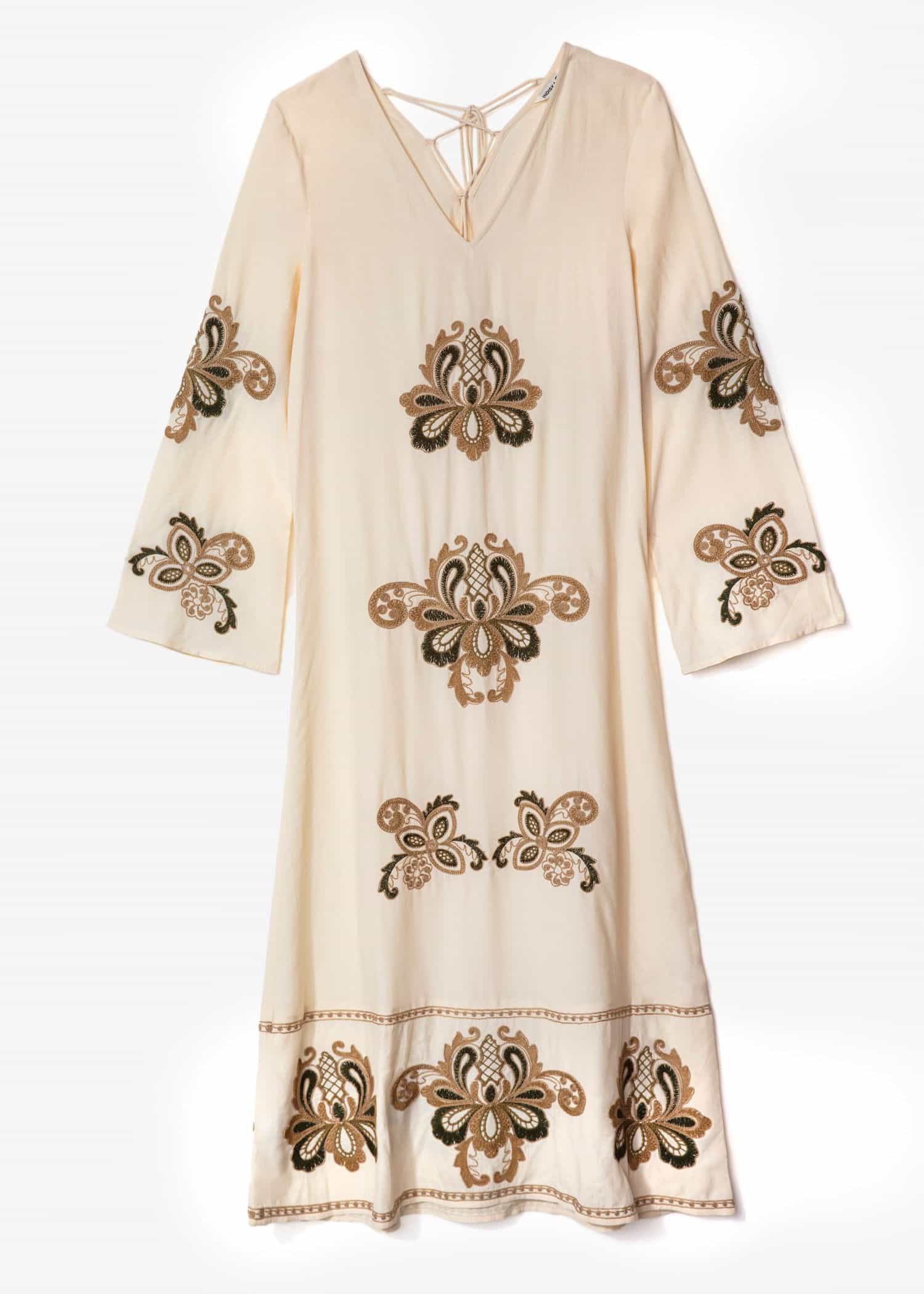 AZIZA Lang kjole med broderi - Beige 1 - Indiska