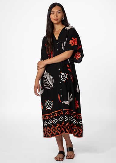 BISA Svart mönstrad kaftan  - Svart 5 - Indiska