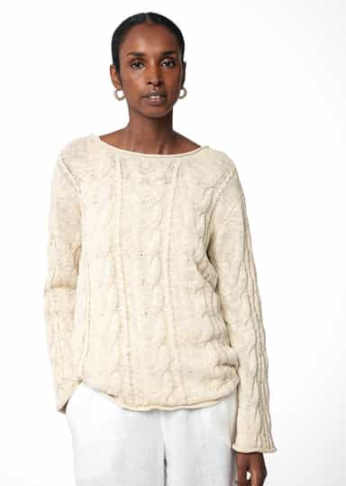 ANGELICA Kabelstickad tröja i bomull & lin - Beige 1 - Indiska