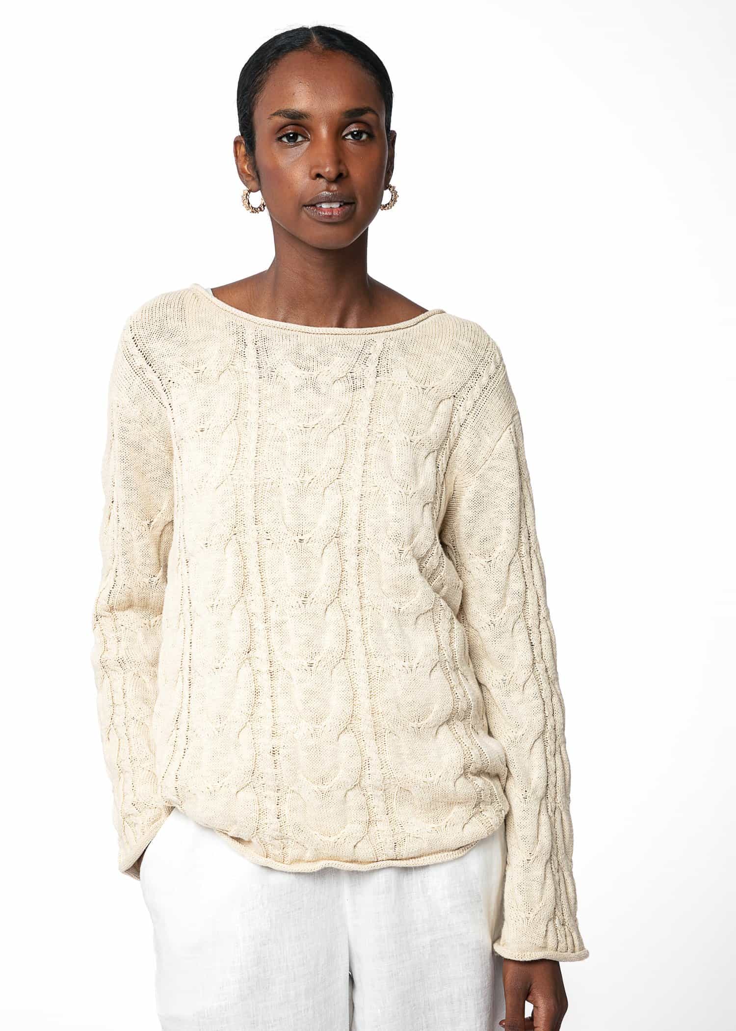ANGELICA Kabelstickad tröja i bomull & lin - Beige 1 - Indiska