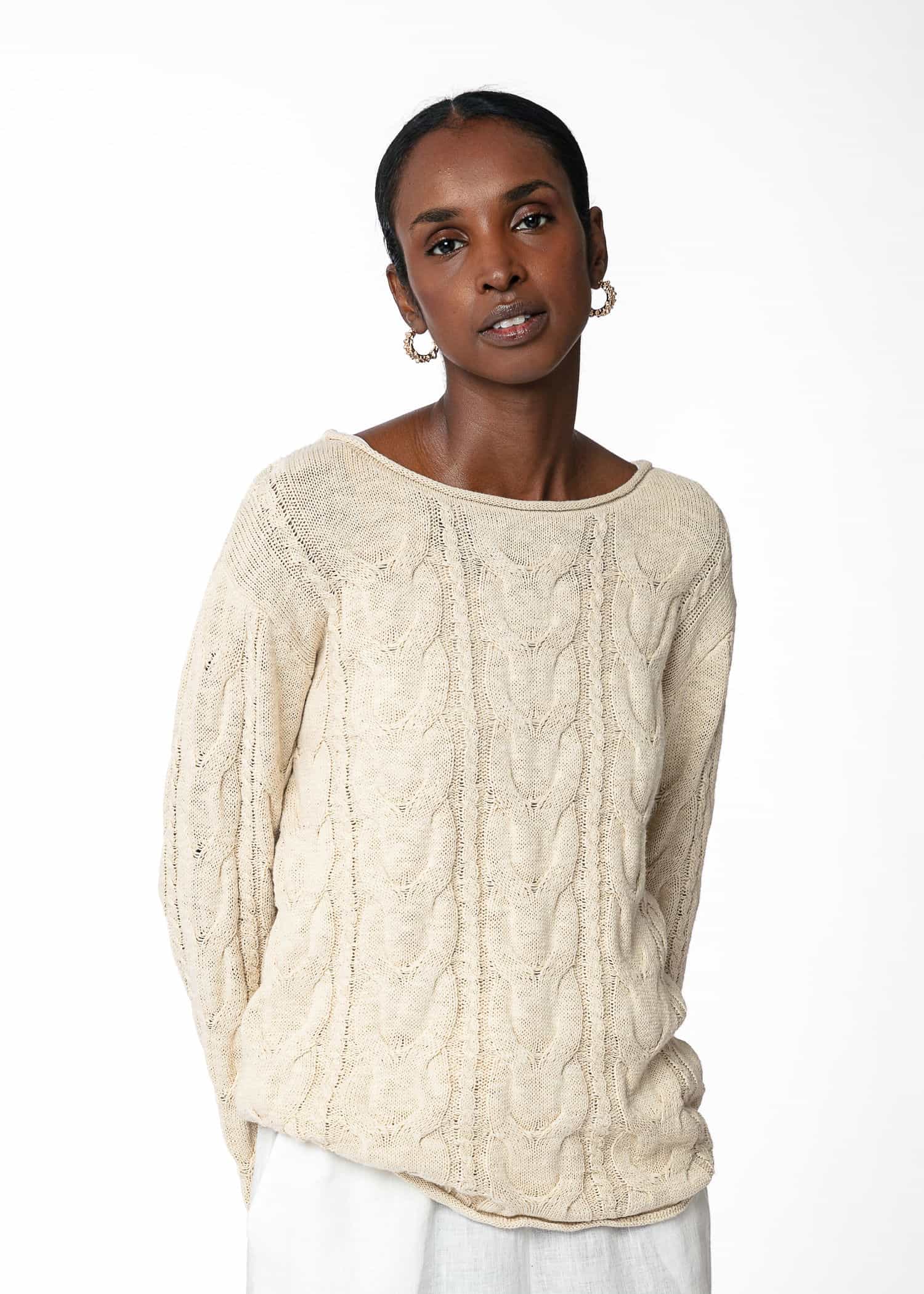 ANGELICA Kabelstickad tröja i bomull & lin - Beige 4 - Indiska