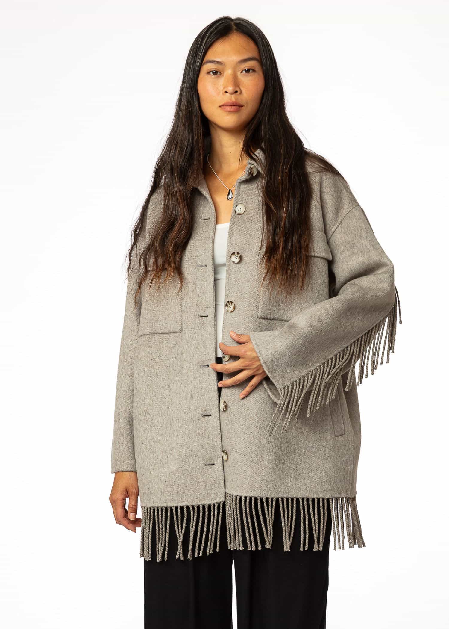 GABI Grå ulljakke med frynser - Beige 3 - Indiska