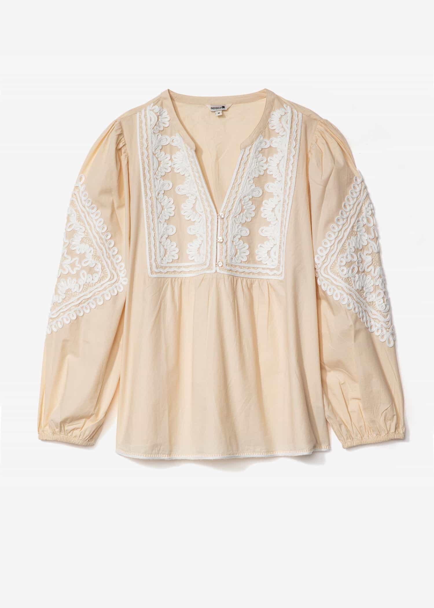 Petra Broderad poplinblus i bomull - Beige 4 - Indiska
