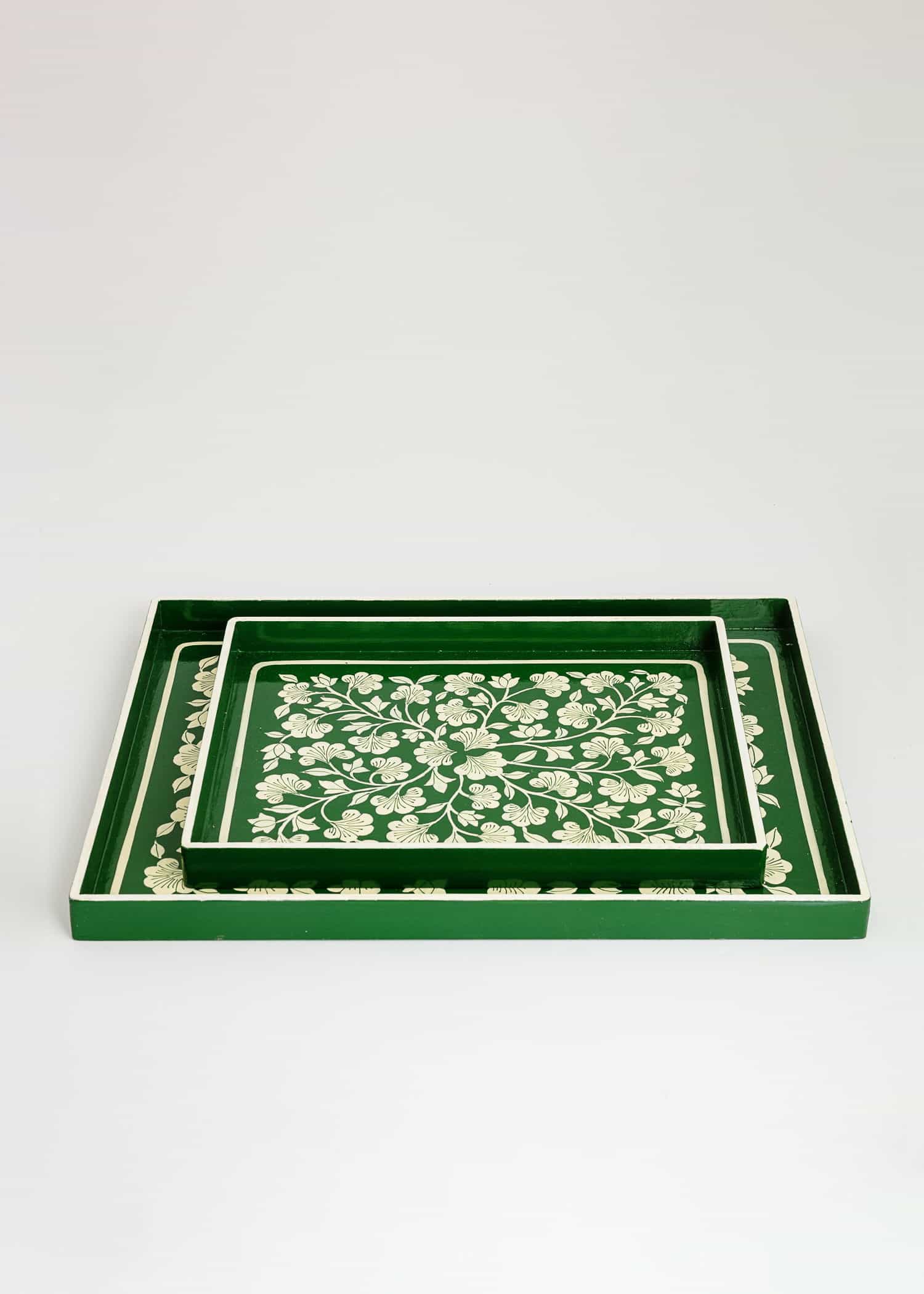 Handpainted Stor handmålad träbricka  - Grön 4 - Indiska