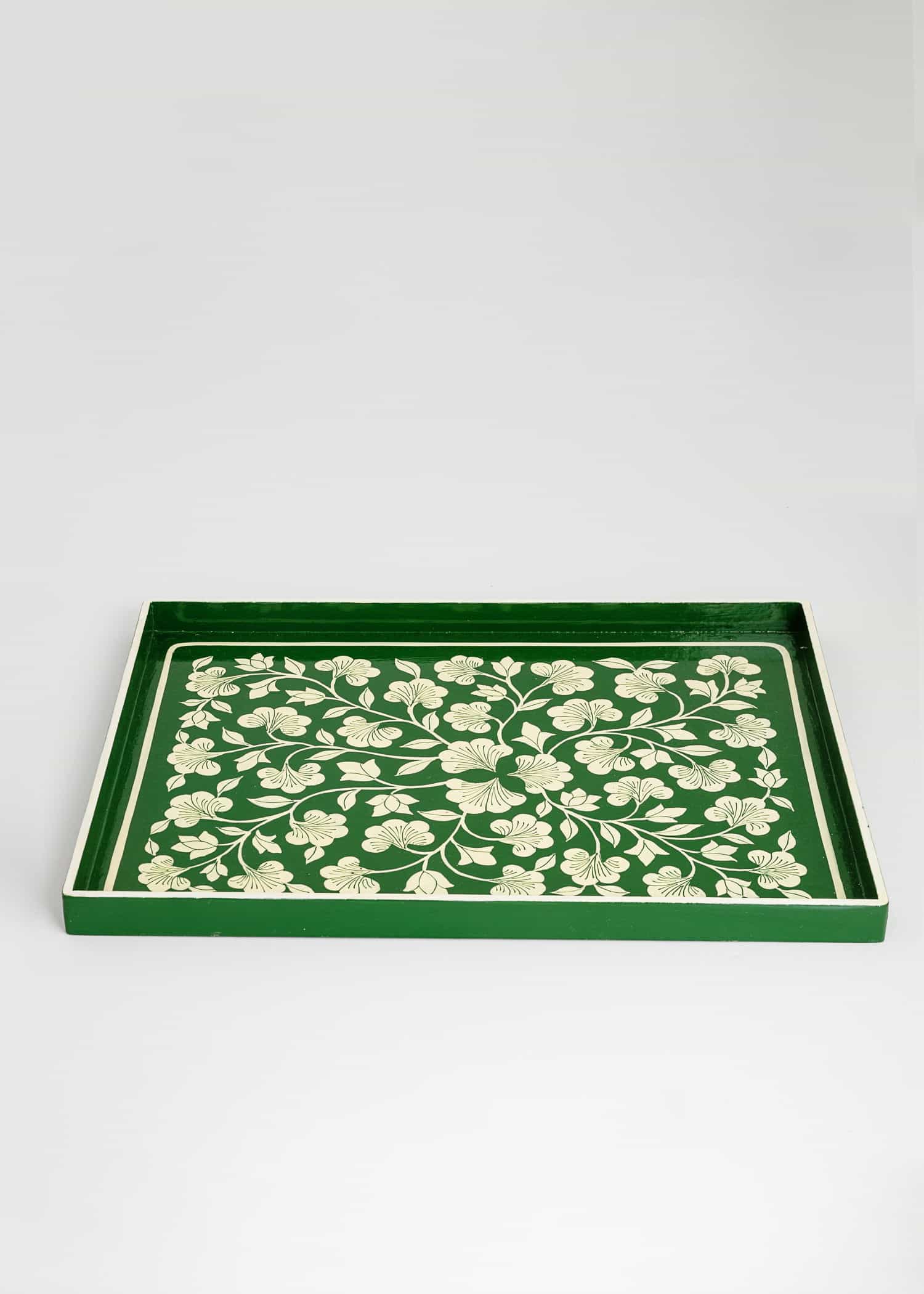 Handpainted Stor handmålad träbricka  - Grön 3 - Indiska