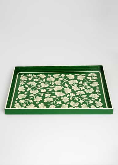 Handpainted Stor handmålad träbricka  - Grön 1 - Indiska
