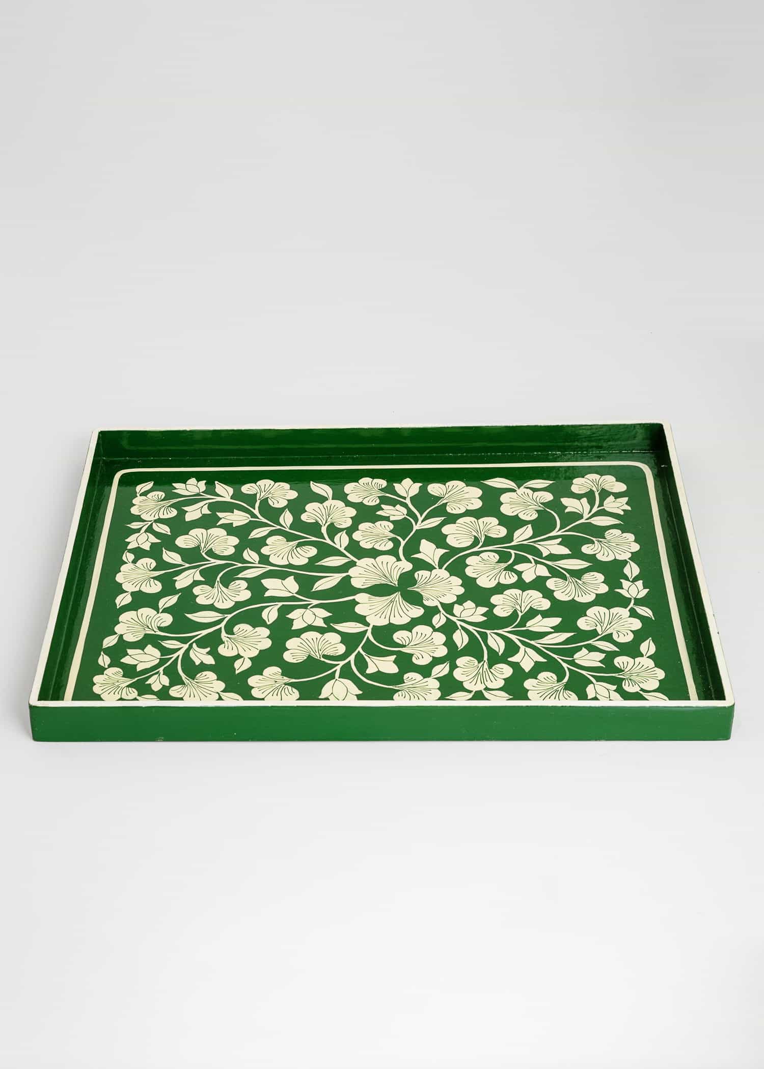 Handpainted Stor handmålad träbricka  - Grön 1 - Indiska