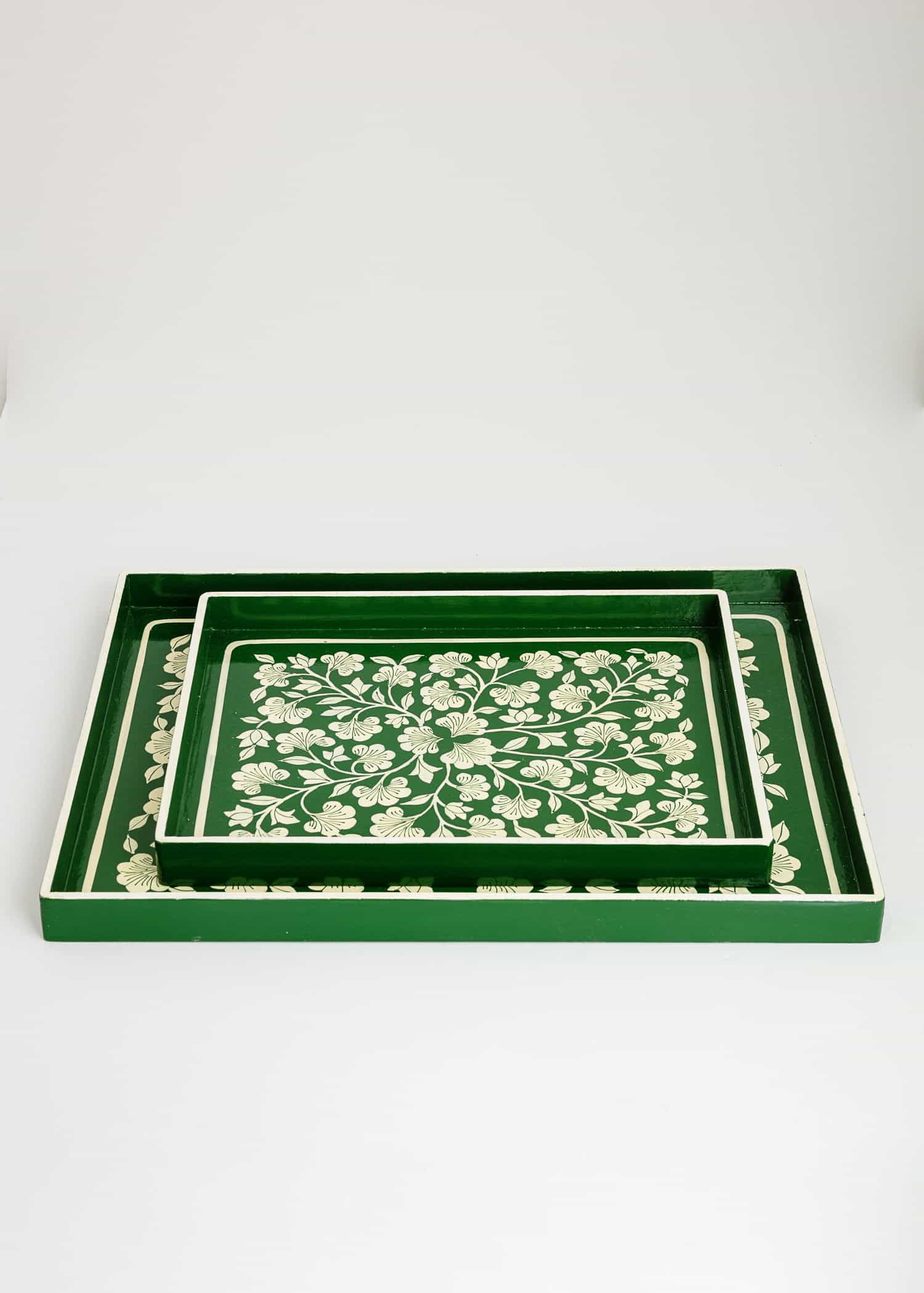 Handpainted Stor handmålad träbricka  - Grön 5 - Indiska