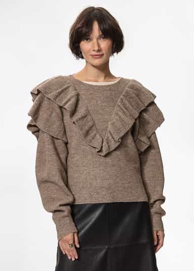 RUFFLE Stickad tröja med volang - Beige 1 - Indiska