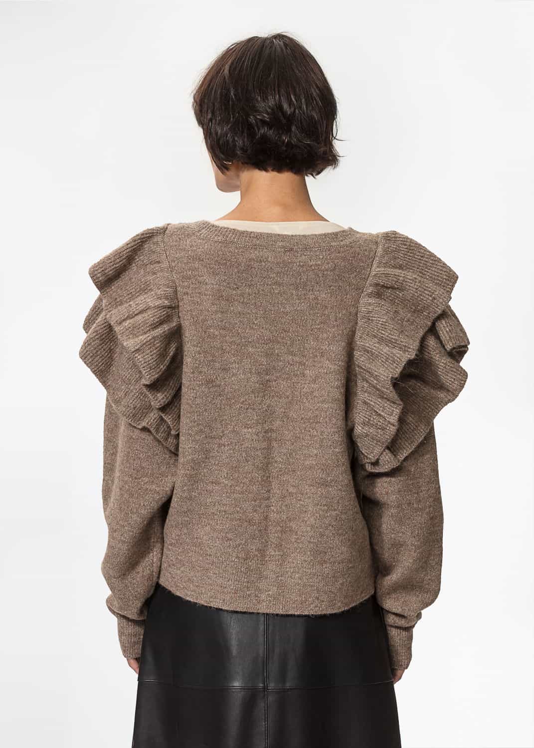 RUFFLE Stickad tröja med volang - Beige 3 - Indiska