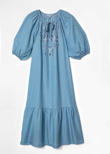 AVA Broderad tencel-klänning - Blå 4 - Indiska