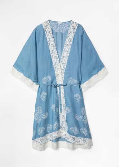 KAY Blå kimono med spets - Blå 1 - Indiska