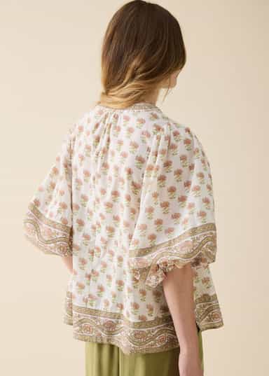HANA Mönstrad blus med puffärm - Vit 3 - Indiska