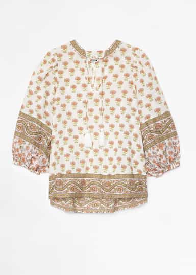 HANA Mönstrad blus med puffärm - Vit 5 - Indiska