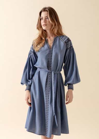 LOURDES Brodeerattu Tencel-mekko  - Sininen 2 - Indiska