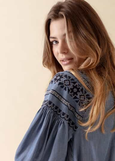 LOURDES Brodeerattu Tencel-mekko  - Sininen 4 - Indiska