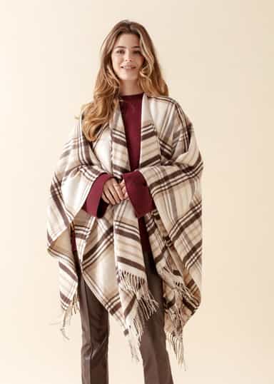 BROWNS Rutig poncho med fransar - Beige 1 - Indiska