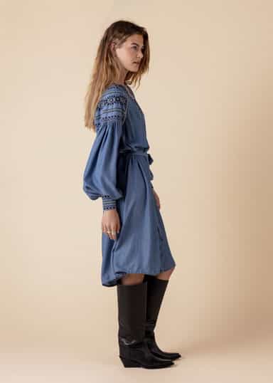 LOURDES Brodeerattu Tencel-mekko  - Sininen 2 - Indiska