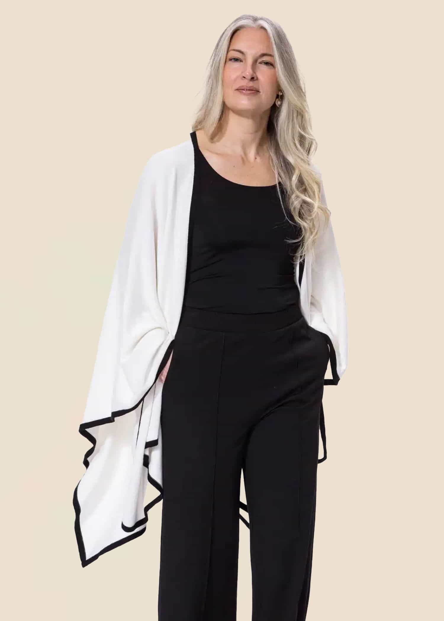 EVY Vit poncho i bomull och viskos - Beige 1 - Indiska
