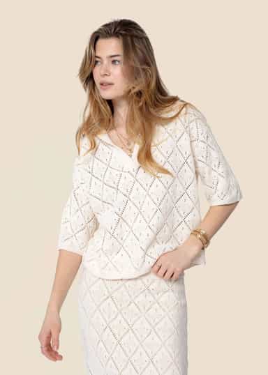 VANESSA Hålstickad tröja med krage - Beige 1 - Indiska