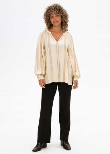 Taytum Broderad blus med puffärm - Beige 2 - Indiska