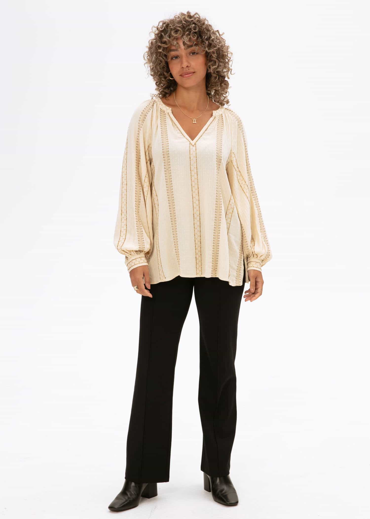 Taytum Broderad blus med puffärm - Beige 2 - Indiska