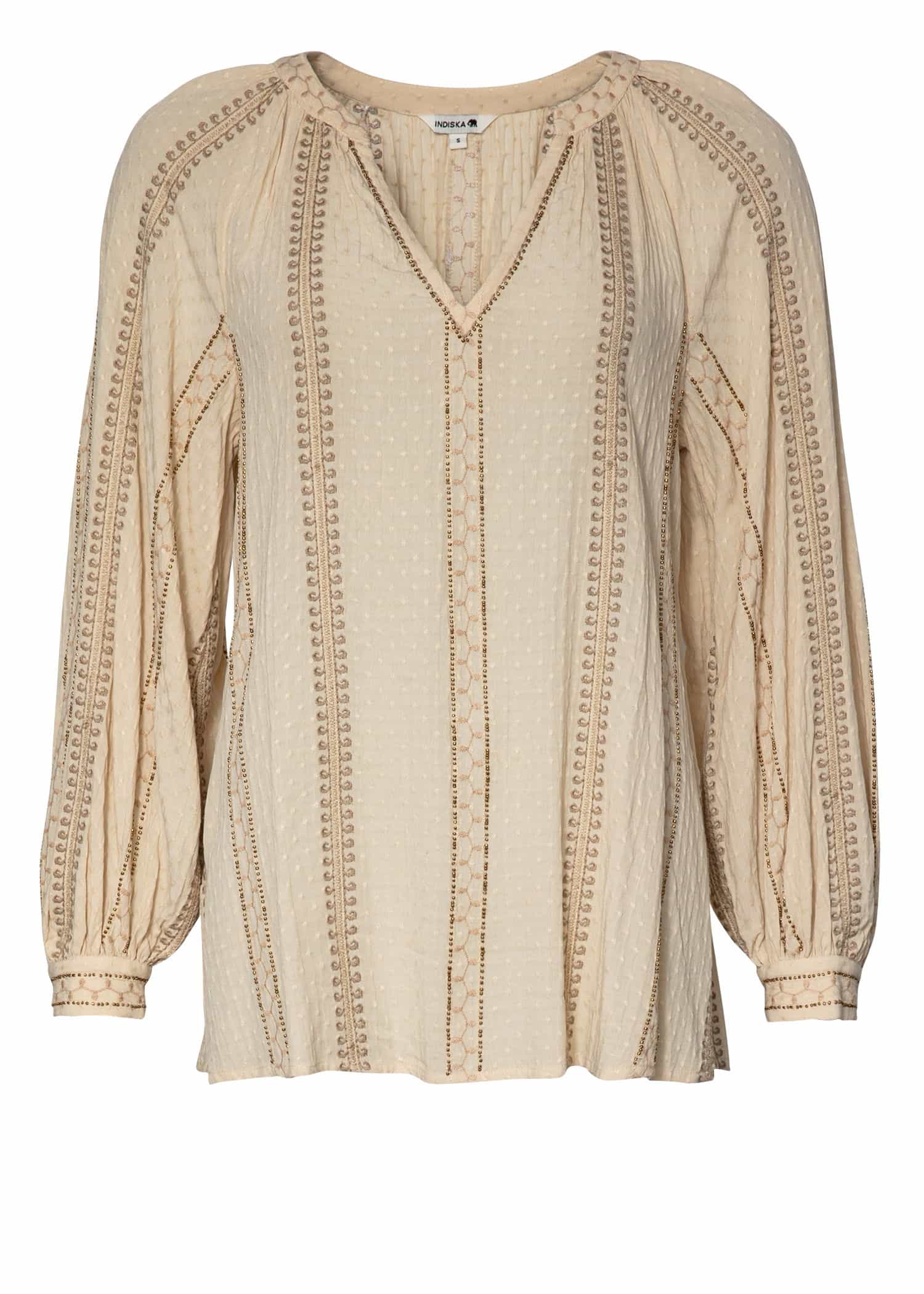 Taytum Broderad blus med puffärm - Beige 5 - Indiska