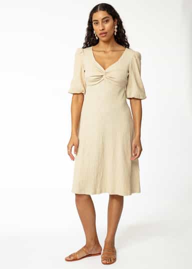 TIMEA Beige klänning med puffärm - Beige 3 - Indiska