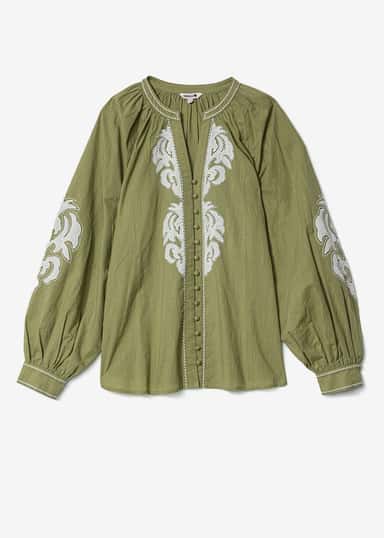 GRETA Grønn brodert bluse - Grønn 1 - Indiska