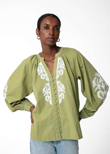 GRETA Grønn brodert bluse - Grønn 3 - Indiska