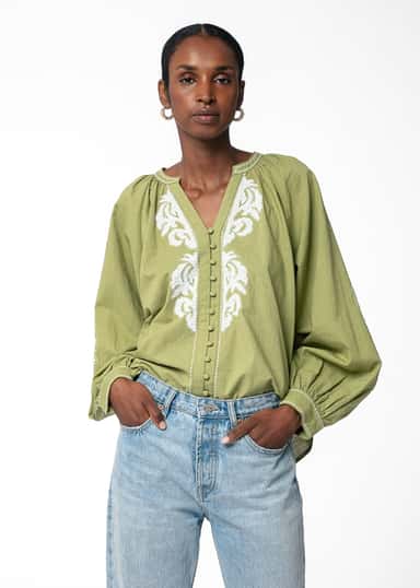 GRETA Grønn brodert bluse - Grønn 6 - Indiska