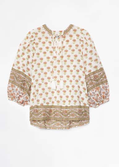 HANA Mönstrad blus med puffärm - Vit 5 - Indiska