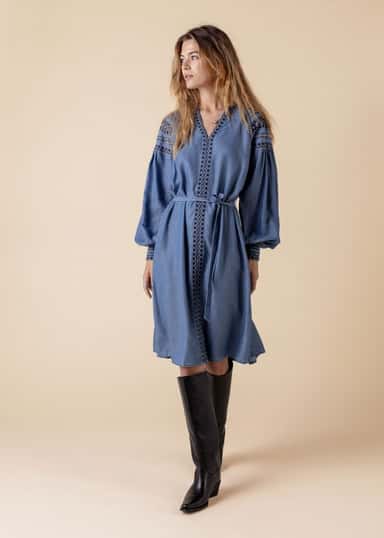 LOURDES Brodeerattu Tencel-mekko  - Sininen 1 - Indiska