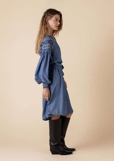 LOURDES Brodeerattu Tencel-mekko  - Sininen 2 - Indiska