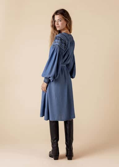 LOURDES Brodeerattu Tencel-mekko  - Sininen 3 - Indiska