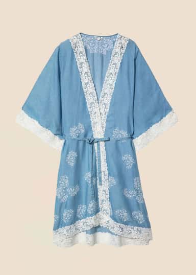 KAY Blå kimono med spets - Blå 1 - Indiska