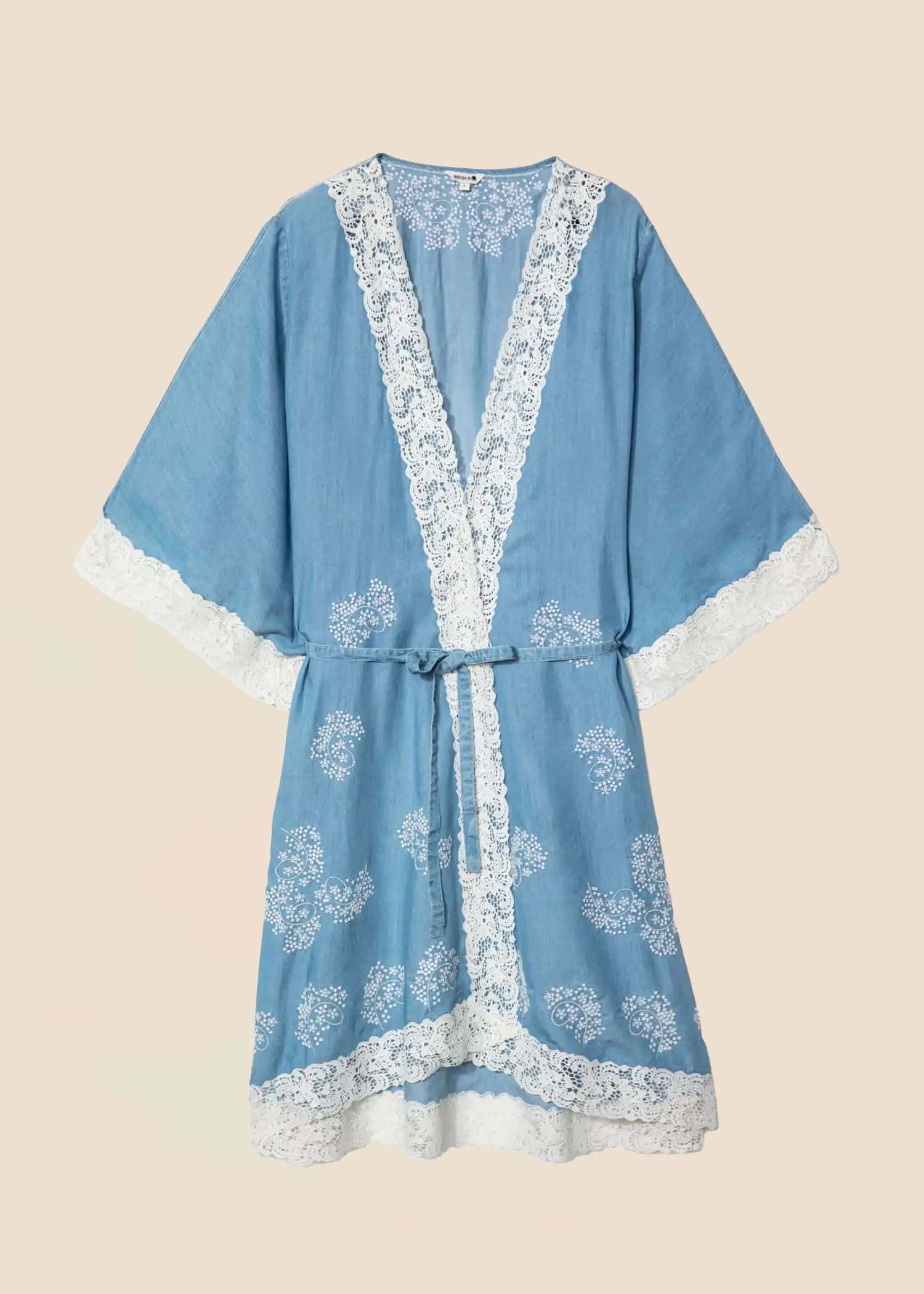 KAY Blå kimono med spets - Blå 1 - Indiska