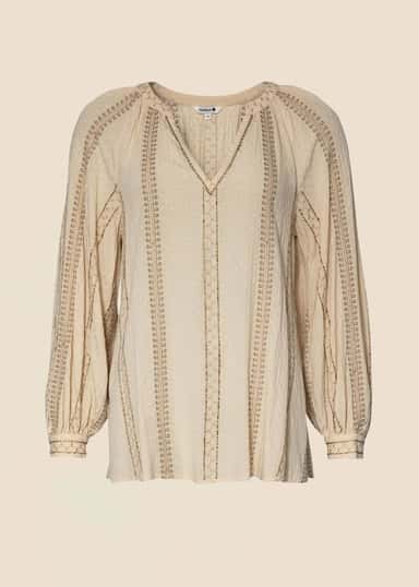 Taytum Broderad blus med puffärm - Beige 1 - Indiska