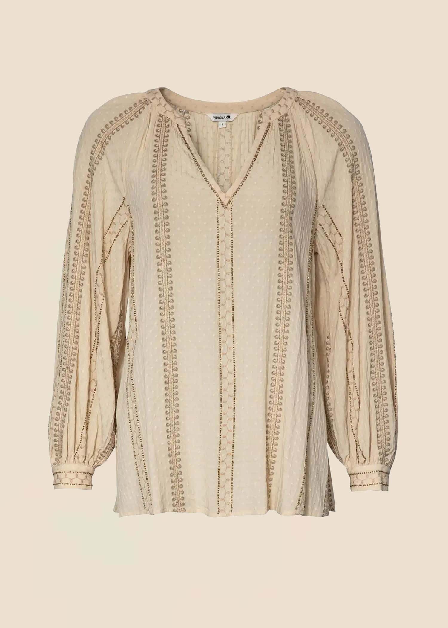 Taytum Broderad blus med puffärm - Beige 1 - Indiska