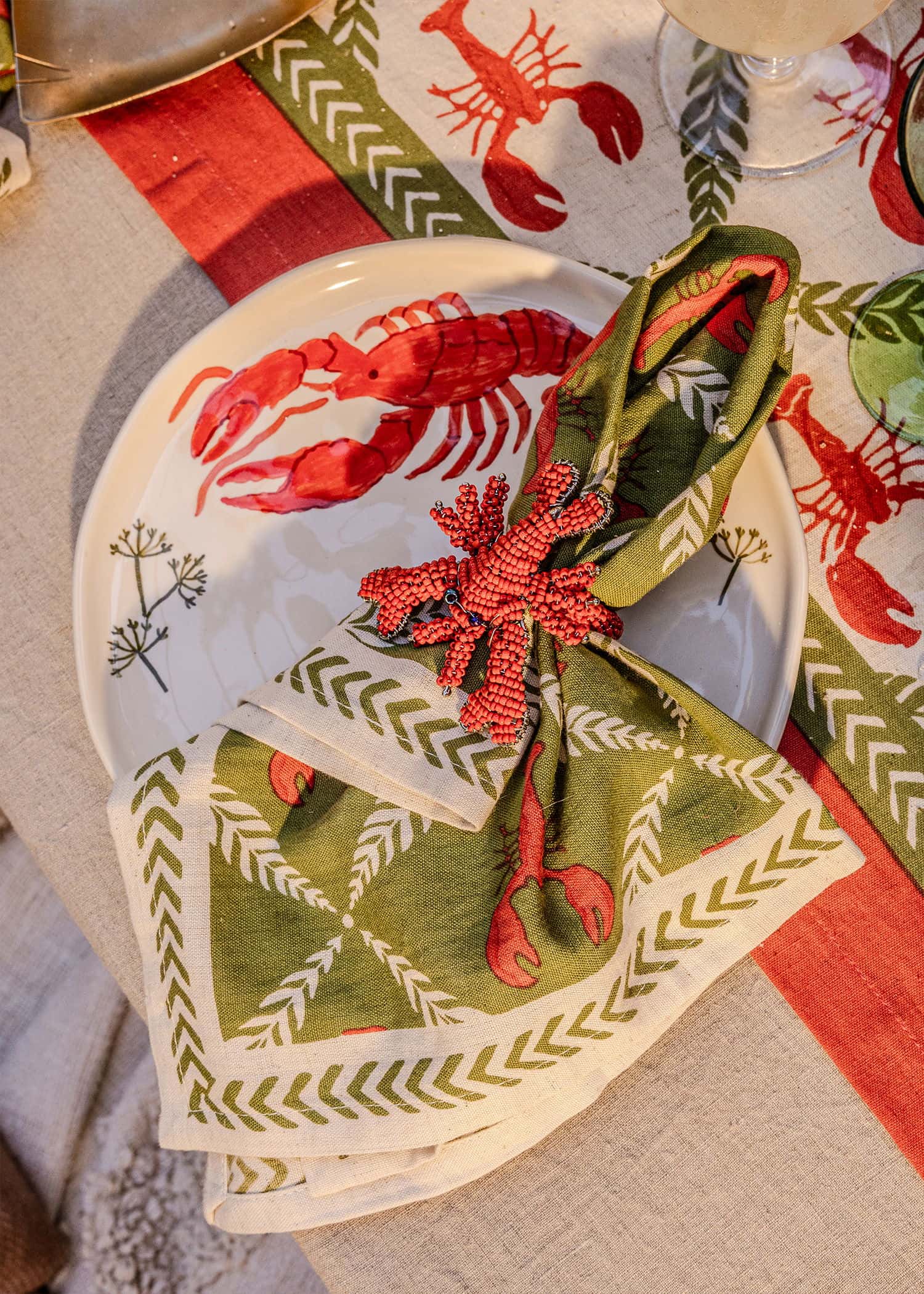 Crawfish 2-pack handtryckta servetter - Grön 1 - Indiska