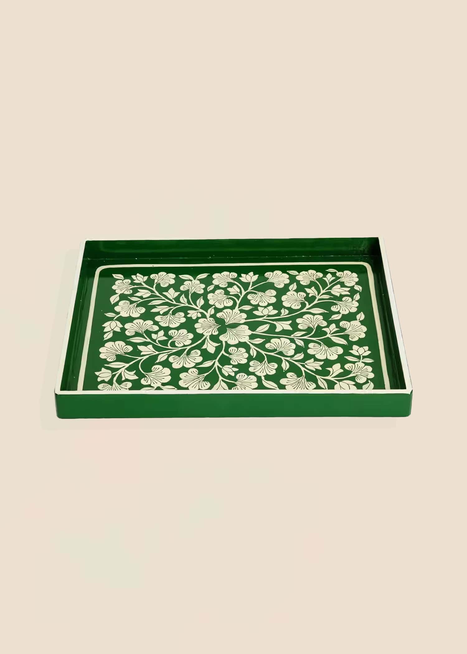 Handpainted Liten handmålad träbricka  - Grön 1 - Indiska