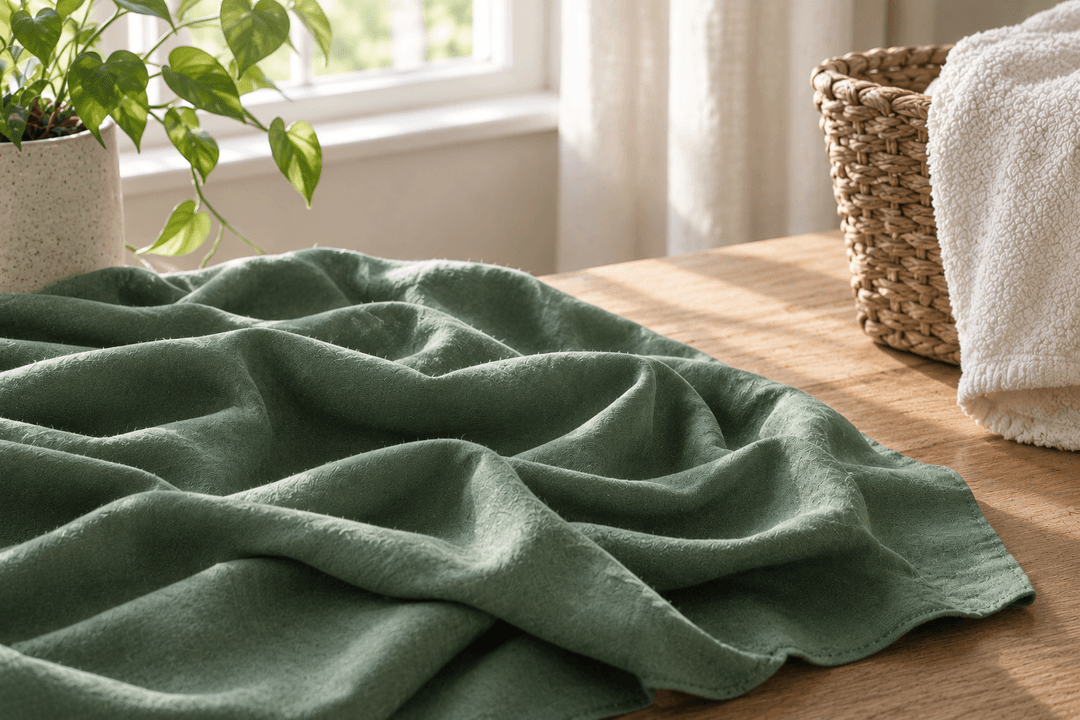 A green cloth is spread on a wooden table beside a woven basket with white towels and a leafy plant, near a sunlit window.