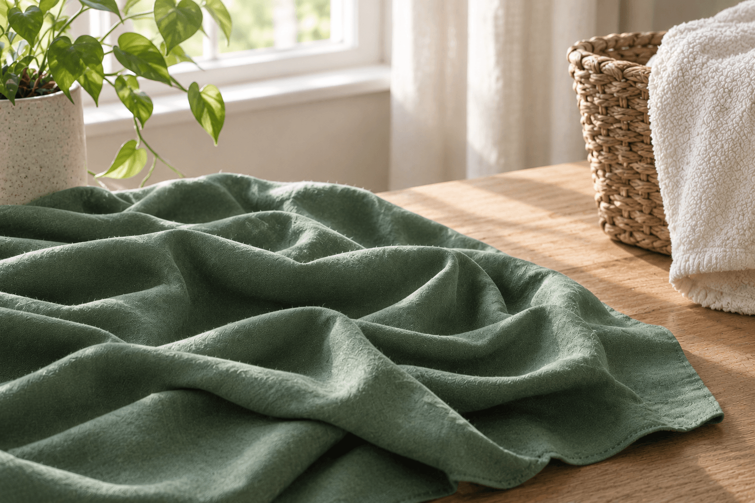 A green cloth is spread on a wooden table beside a woven basket with white towels and a leafy plant, near a sunlit window.