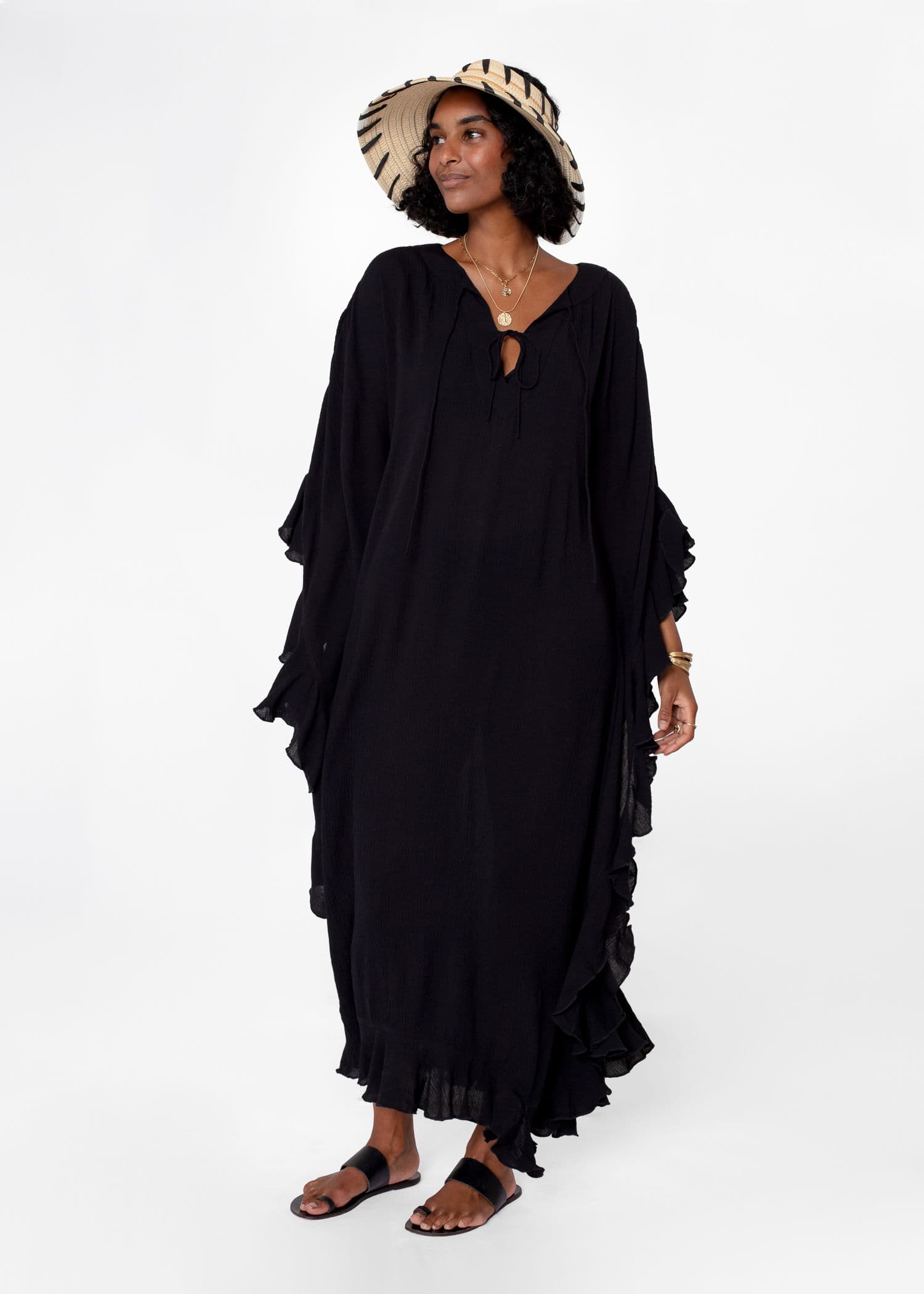 RUBY Svart kaftan med volang - Svart 2 - Indiska