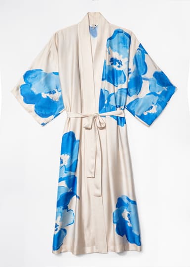 ASTRID Blommig lång kimono - Blå 1 - Indiska