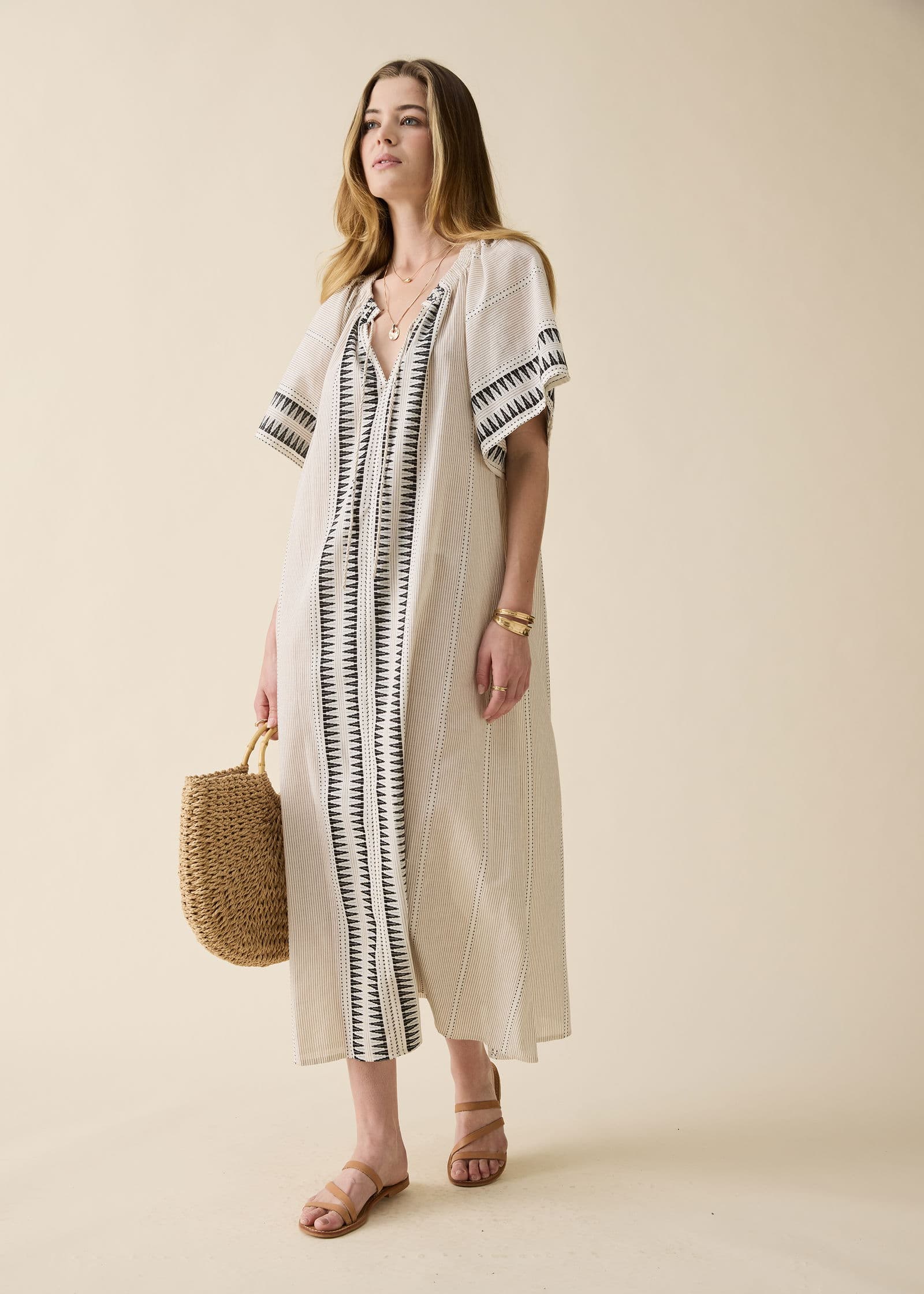 DONNA Lång jacquardmönstrad klänning - Beige 6 - Indiska