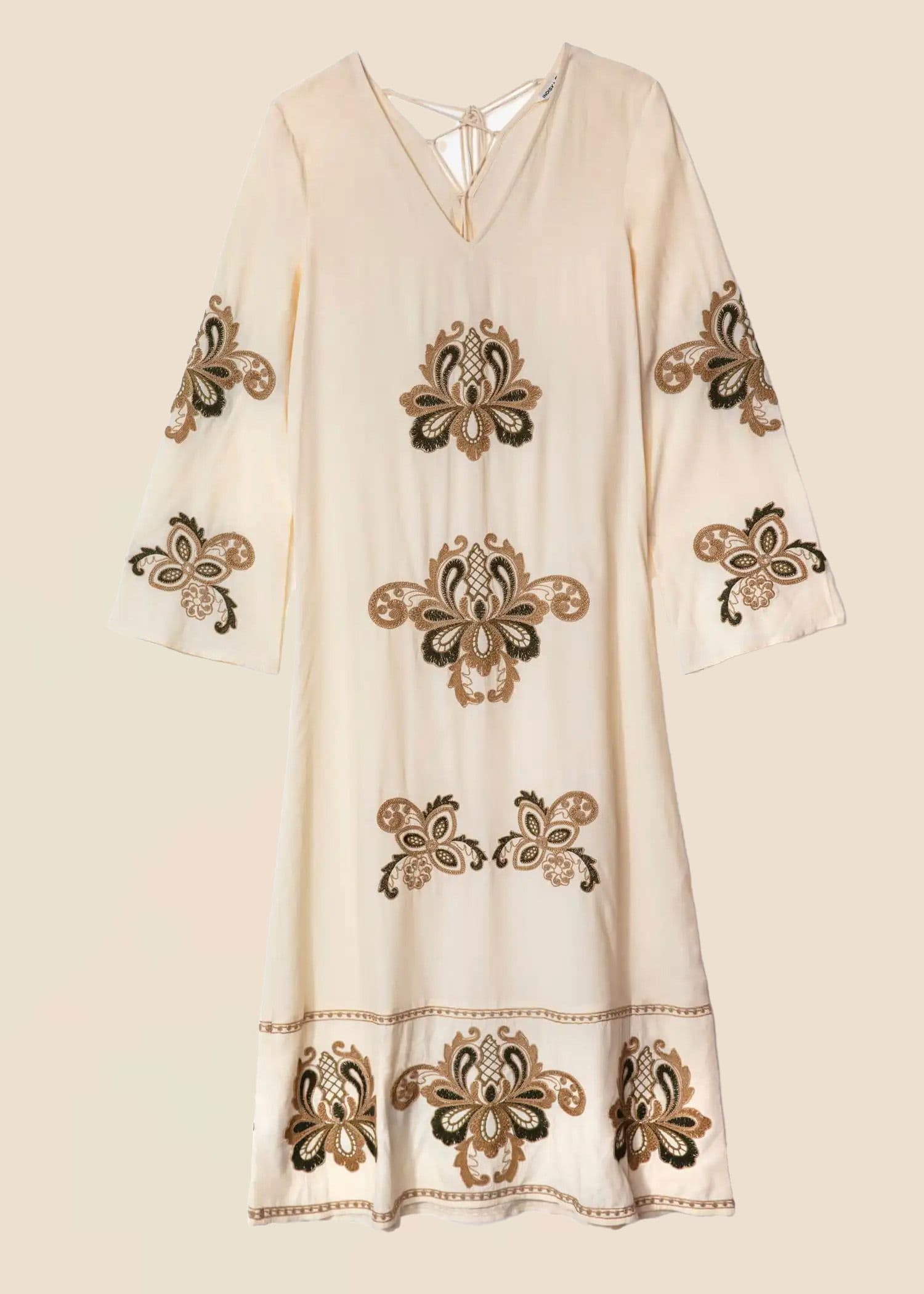 AZIZA Lang kjole med broderi - Beige 1 - Indiska
