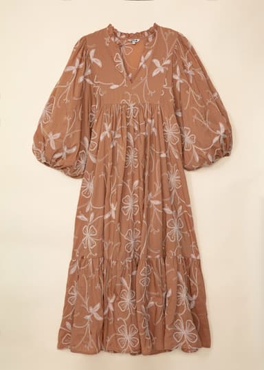 CORNELIA Pitkä musta puhvihihainen mekko - Beige 1 - Indiska