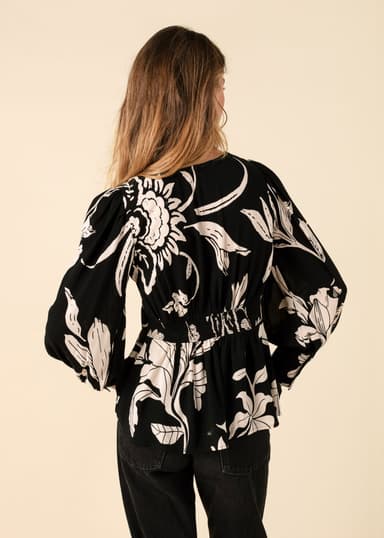 ZUDORA Blommig blus med puffärm - Svart 4 - Indiska